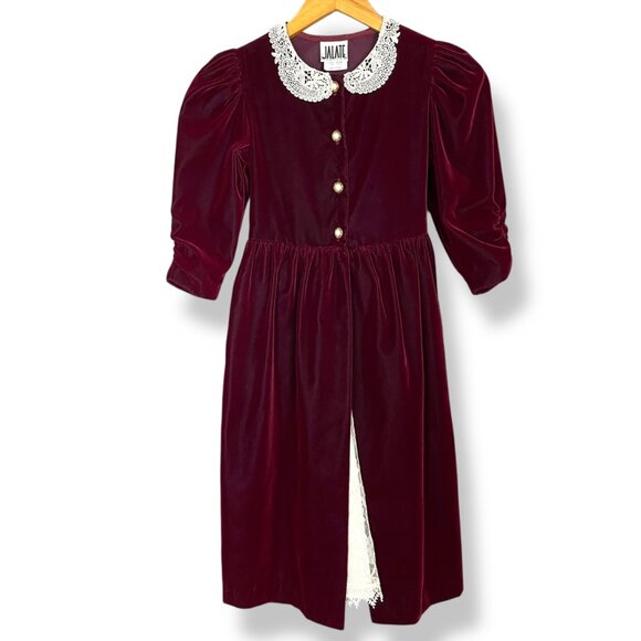 Vintage Velvet Dress Girl Lace Collar Bow Back Burgundy Red 7 Christmas Holiday - Picture 1 of 16